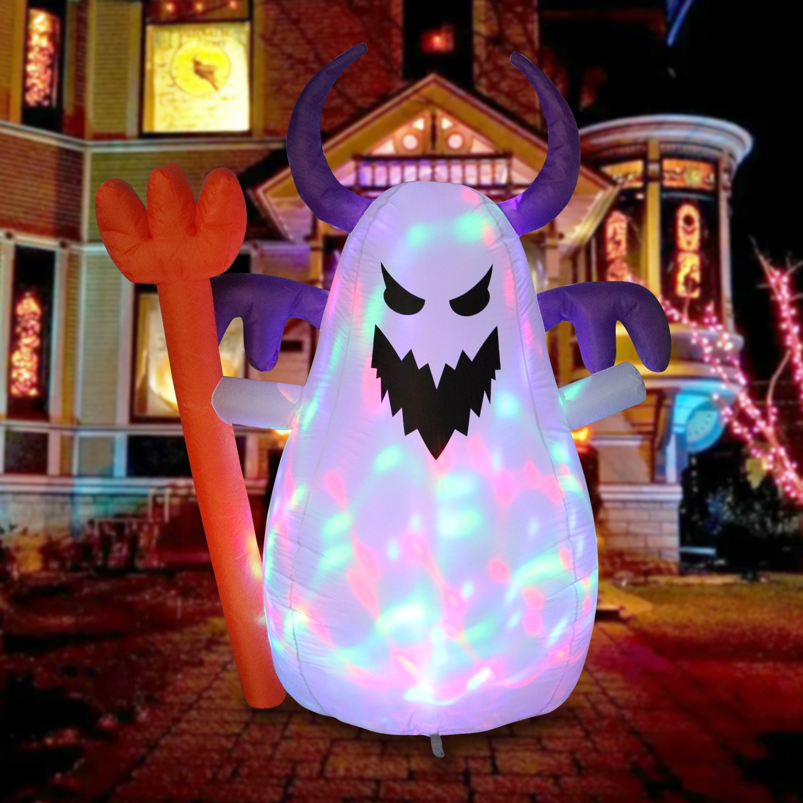 5 FT Halloween Inflatable Ghost with Fork - Cute Design with Built-in LEDs, Outdoor Yard Decoration