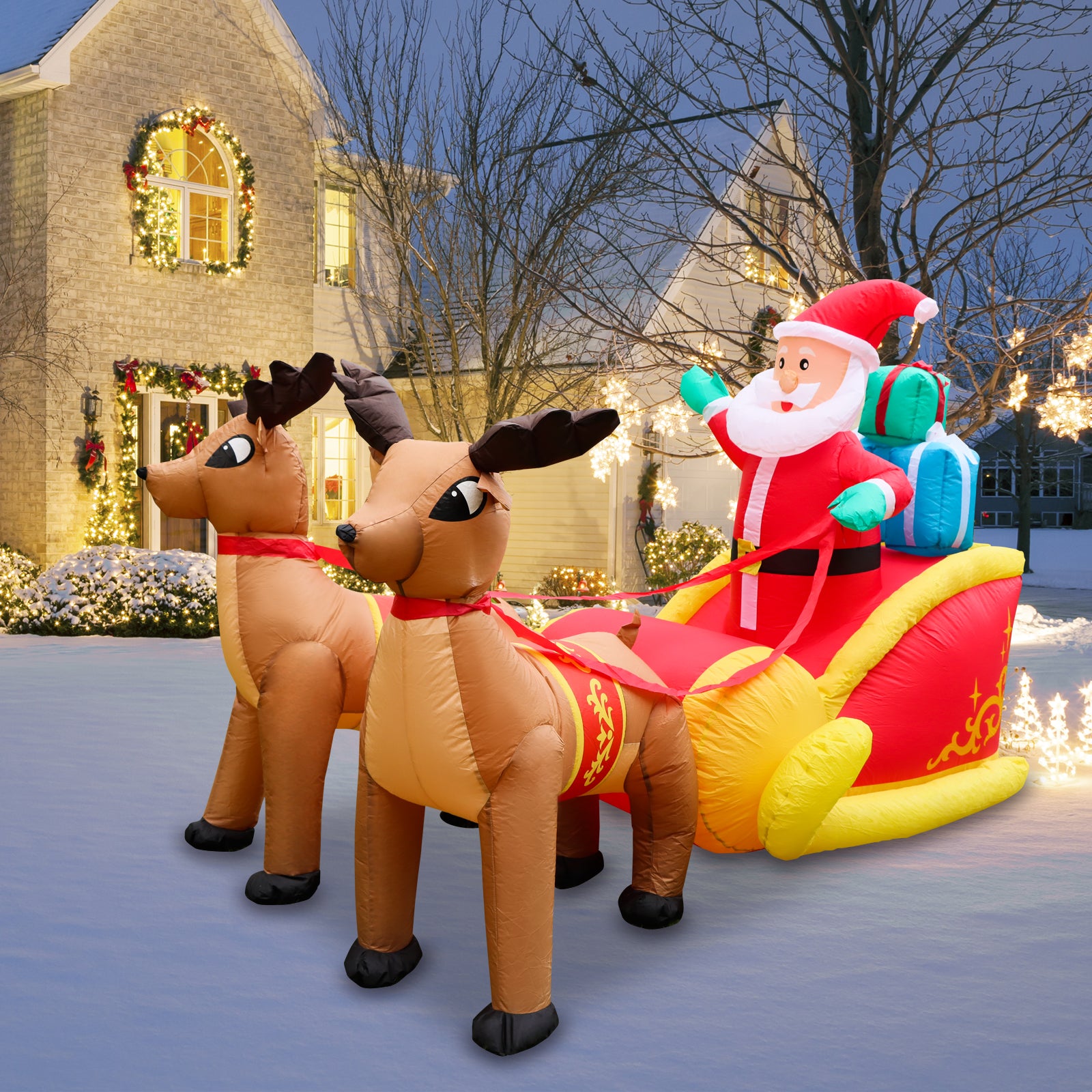 6.9ft Long Christmas Inflatable LED Lighted Santa on Yellow Sleigh with Reindeers and Gift Boxes Blow up Outdoor Yard Decoration