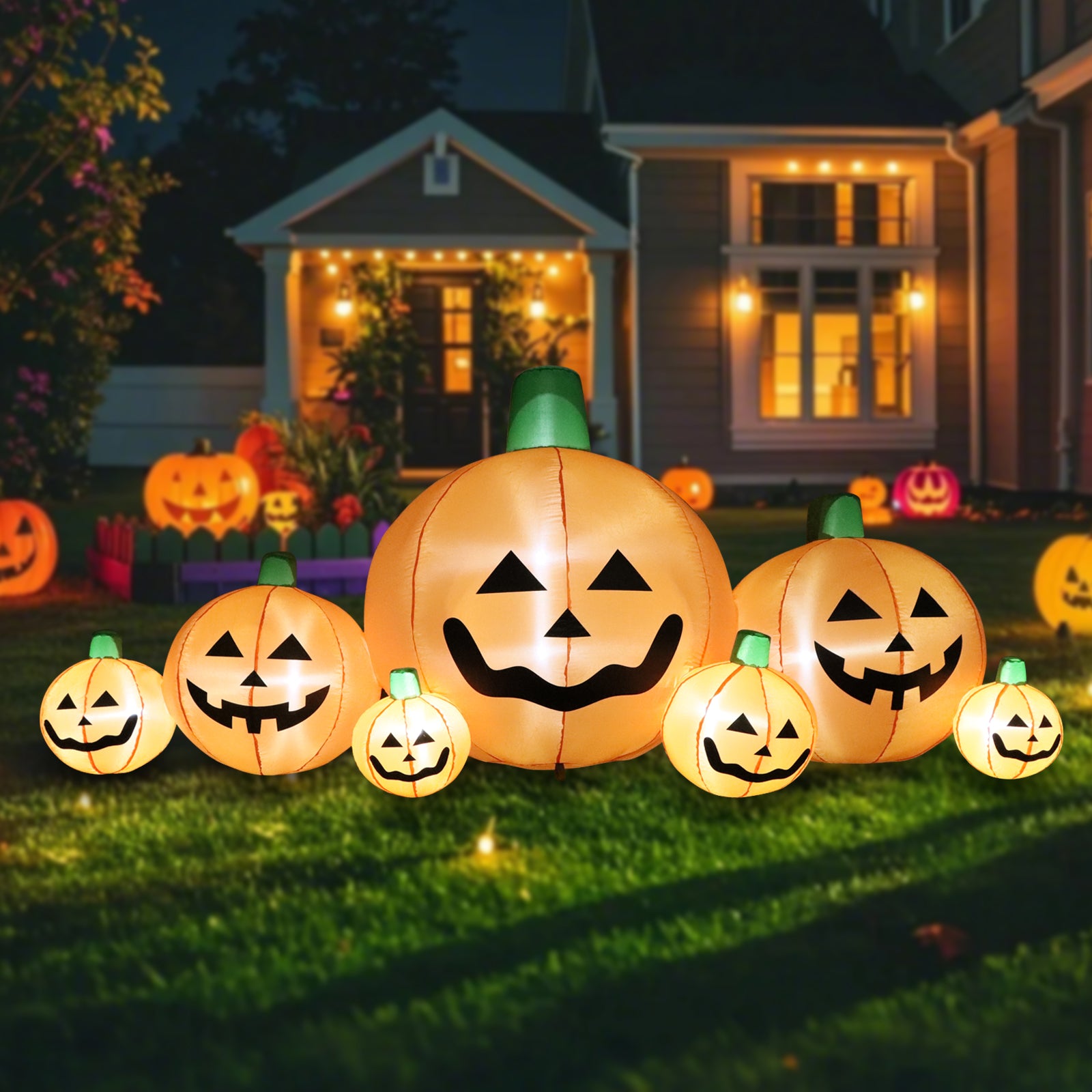 8.7 FT Long Halloween Inflatable Pumpkins, 7 Cute Patch with Built-in LEDs, Outdoor Yard Decoration