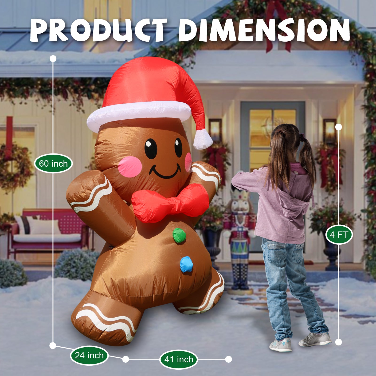 5 FT Inflatable Gingerbread Man – LED Cute Christmas Decoration for Indoor & Outdoor Holiday Display