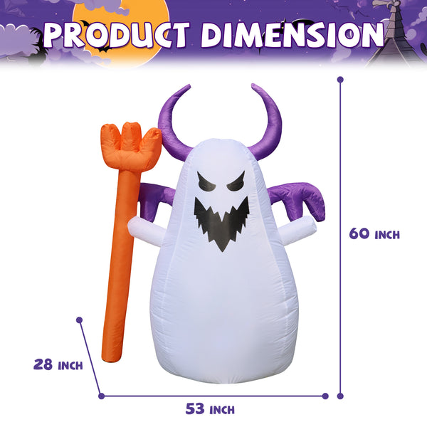 5 FT Halloween Inflatable Ghost with Fork - Cute Design with Built-in LEDs, Outdoor Yard Decoration