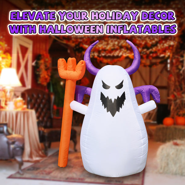 5 FT Halloween Inflatable Ghost with Fork - Cute Design with Built-in LEDs, Outdoor Yard Decoration