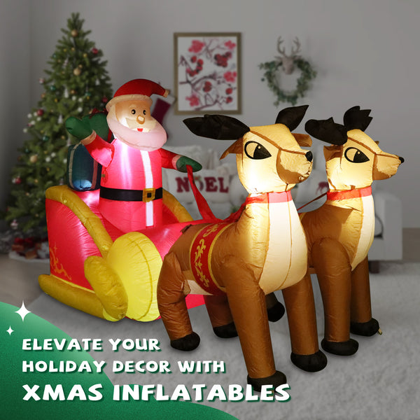 6.9ft Long Christmas Inflatable LED Lighted Santa on Yellow Sleigh with Reindeers and Gift Boxes Blow up Outdoor Yard Decoration