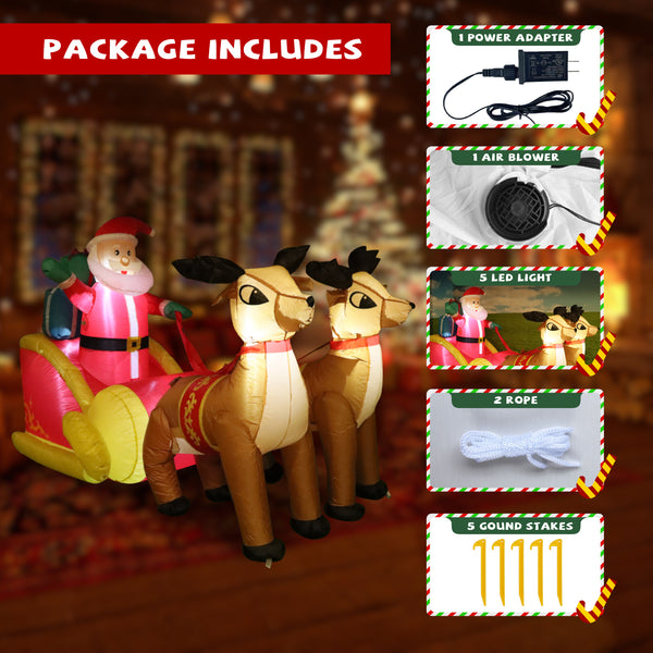 6.9ft Long Christmas Inflatable LED Lighted Santa on Yellow Sleigh with Reindeers and Gift Boxes Blow up Outdoor Yard Decoration