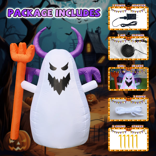 5 FT Halloween Inflatable Ghost with Fork - Cute Design with Built-in LEDs, Outdoor Yard Decoration