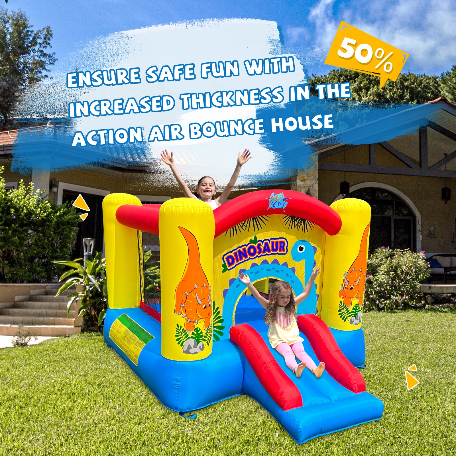 Action Air Inflatable Bounce House, Dinosaur Theme Bouncy Castle with Air Blower