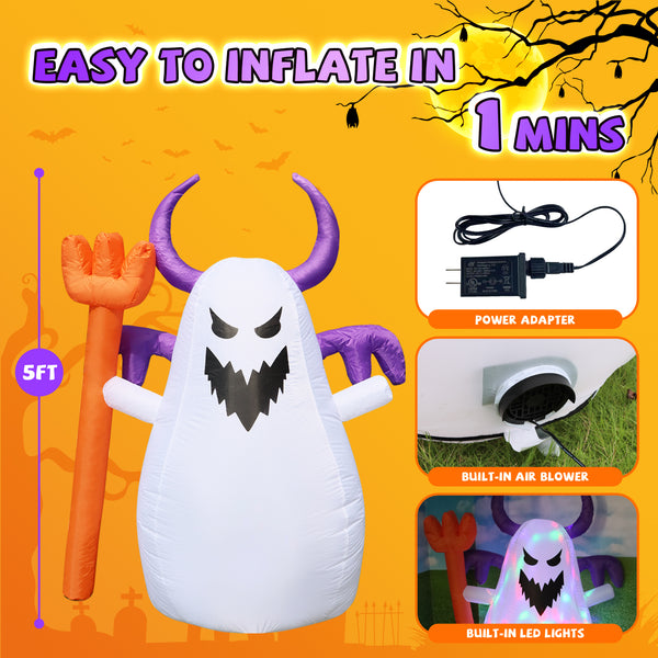 5 FT Halloween Inflatable Ghost with Fork - Cute Design with Built-in LEDs, Outdoor Yard Decoration