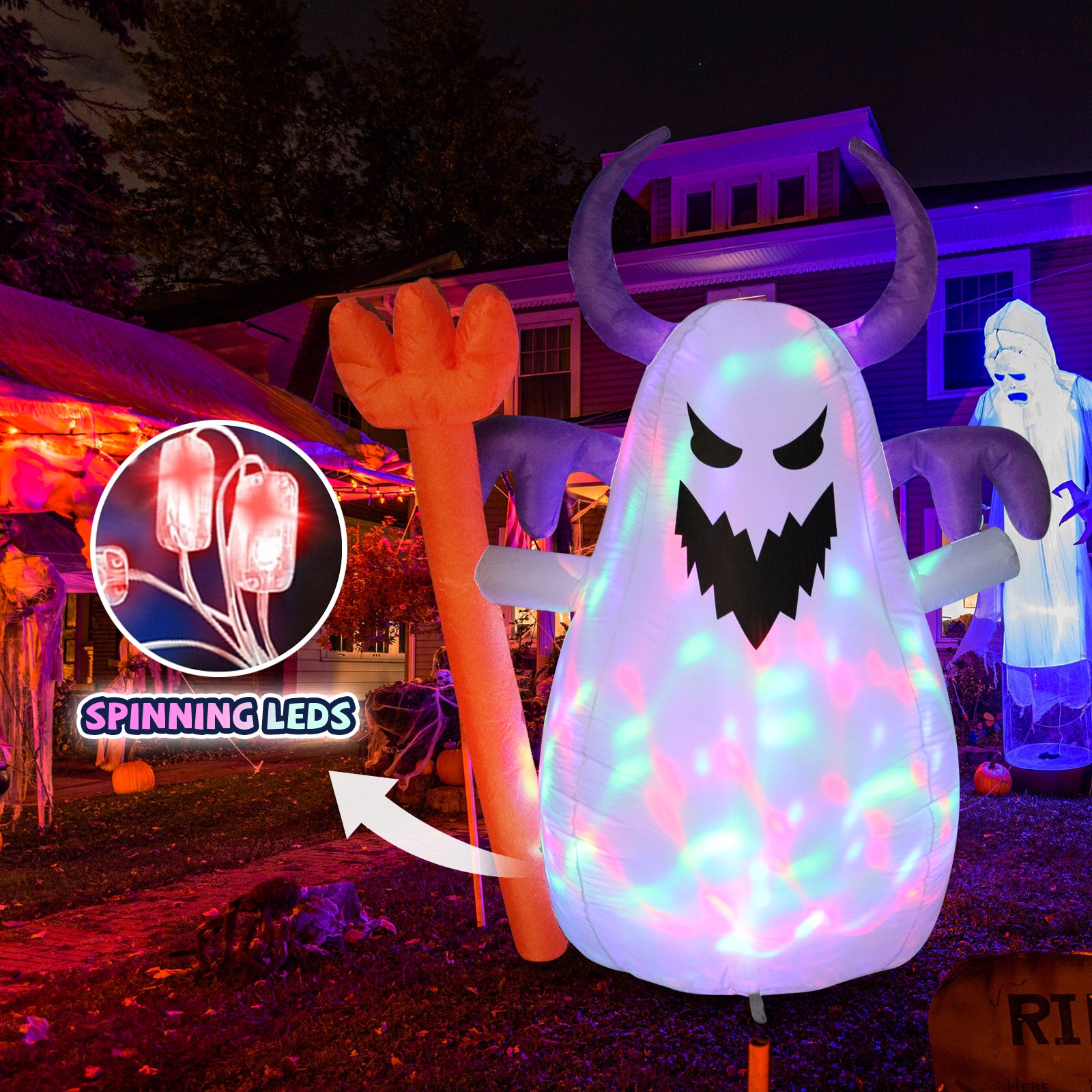 5 FT Halloween Inflatable Ghost with Fork - Cute Design with Built-in LEDs, Outdoor Yard Decoration