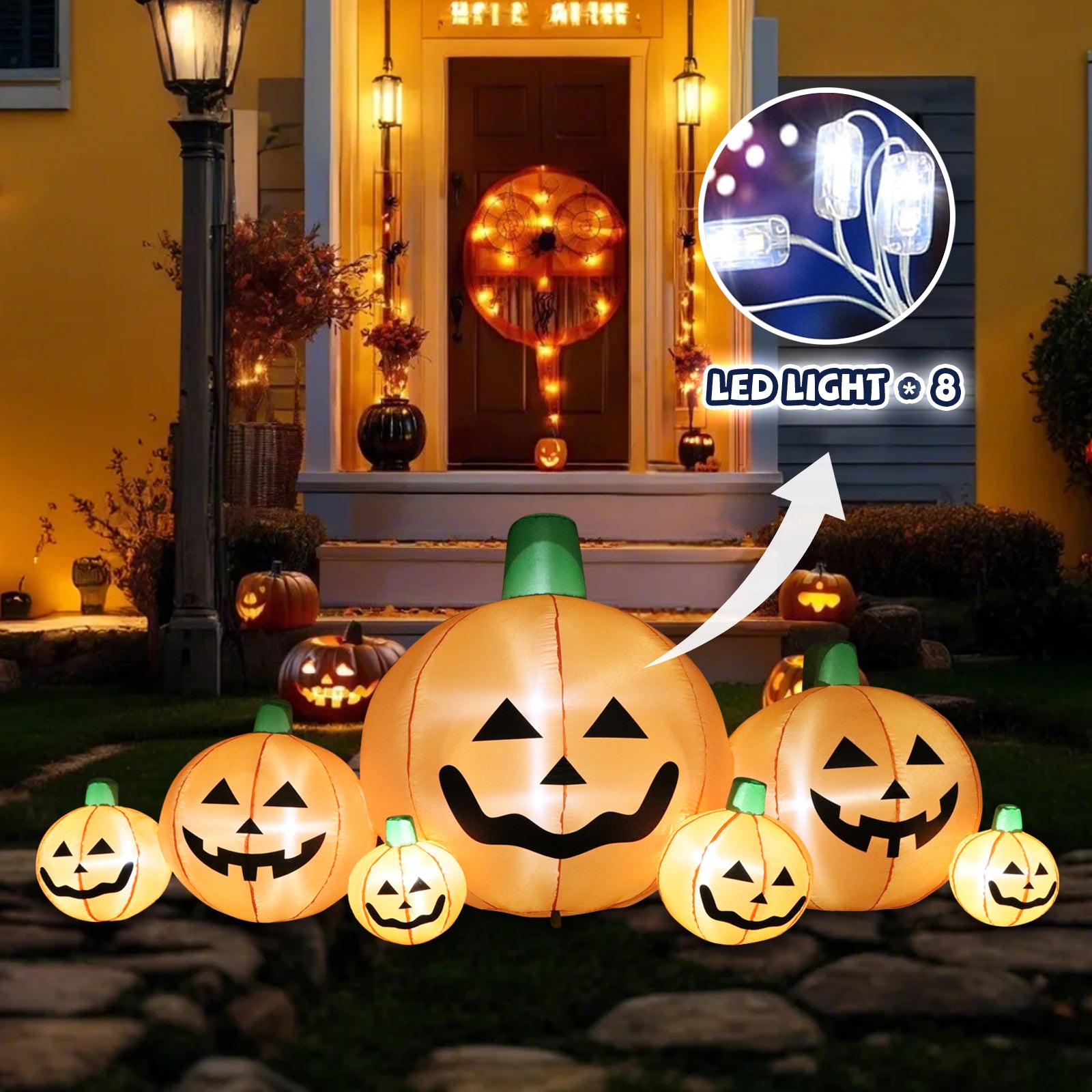 8.7 FT Long Halloween Inflatable Pumpkins, 7 Cute Patch with Built-in LEDs, Outdoor Yard Decoration