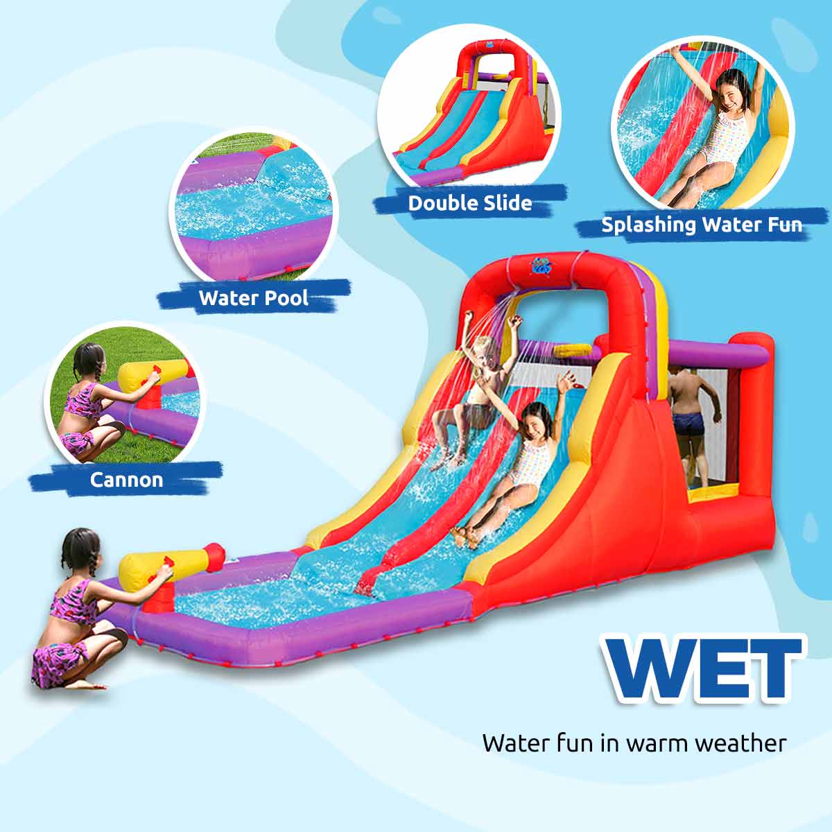 Action Air Inflatable Water Slide with Double Blow Up Slides and Water Cannons  (Used Like New)